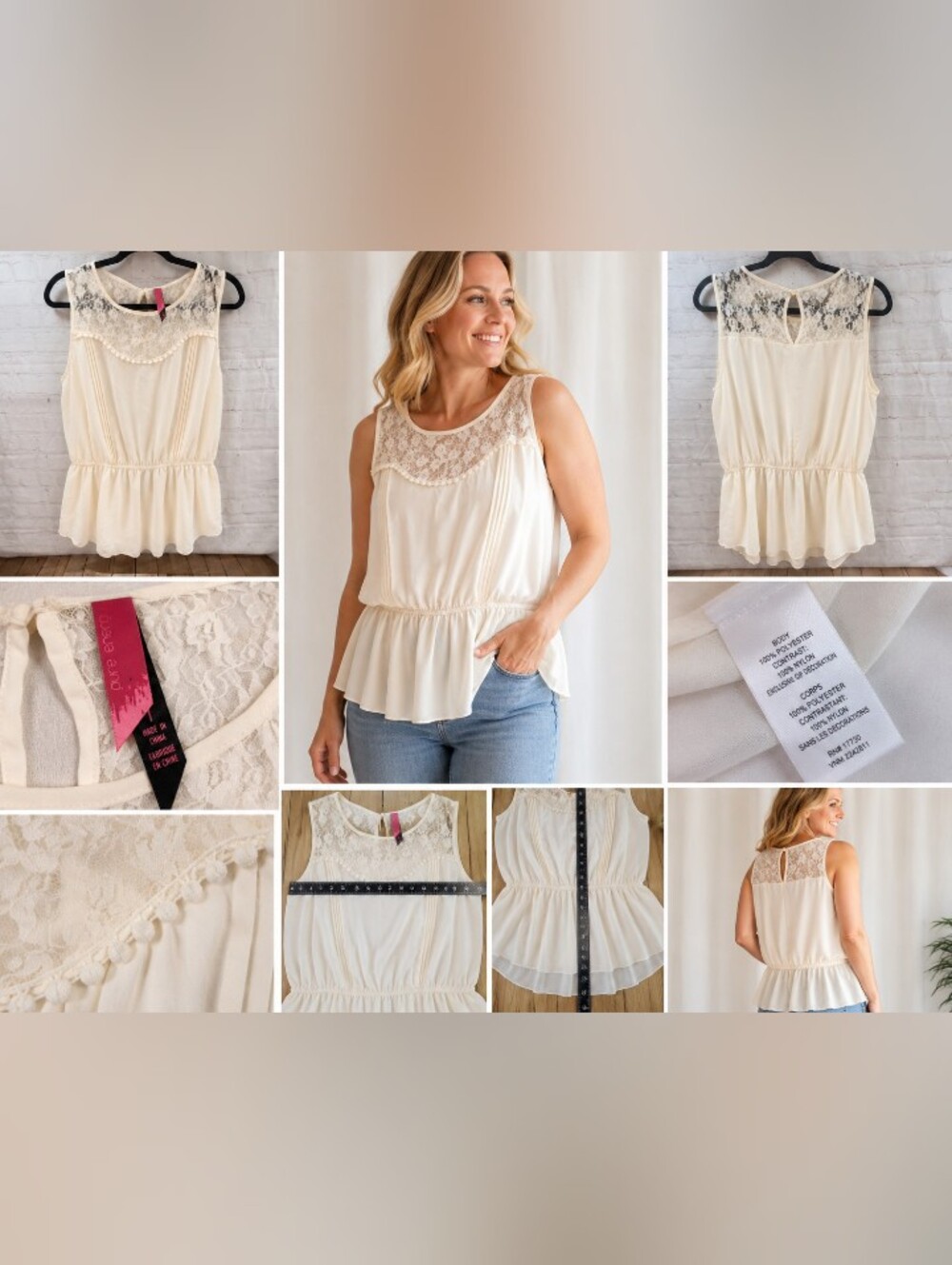 pure energy ivory lace peplum babydoll sleeveless top nwt